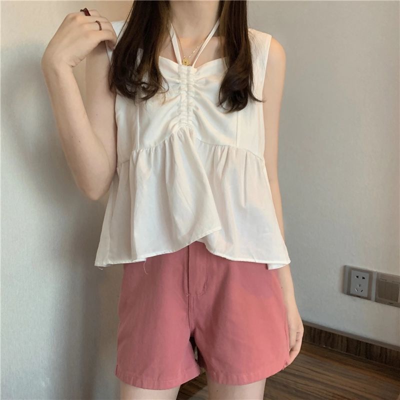 Jiashucheng Áo Hai Dây Phối Bèo Xếp Ly Phong Cách Hàn Quốc Phương Tây Thời Trang Mùa Hè
