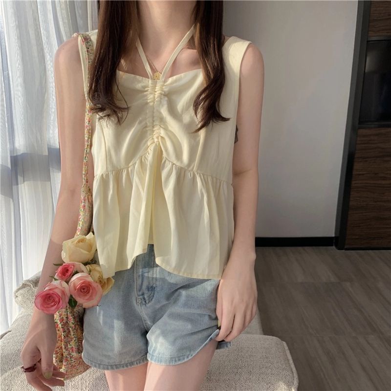 Jiashucheng Áo Hai Dây Phối Bèo Xếp Ly Phong Cách Hàn Quốc Phương Tây Thời Trang Mùa Hè