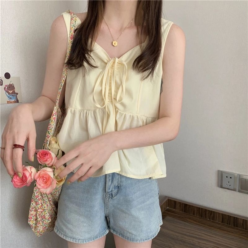 Jiashucheng Áo Hai Dây Phối Bèo Xếp Ly Phong Cách Hàn Quốc Phương Tây Thời Trang Mùa Hè