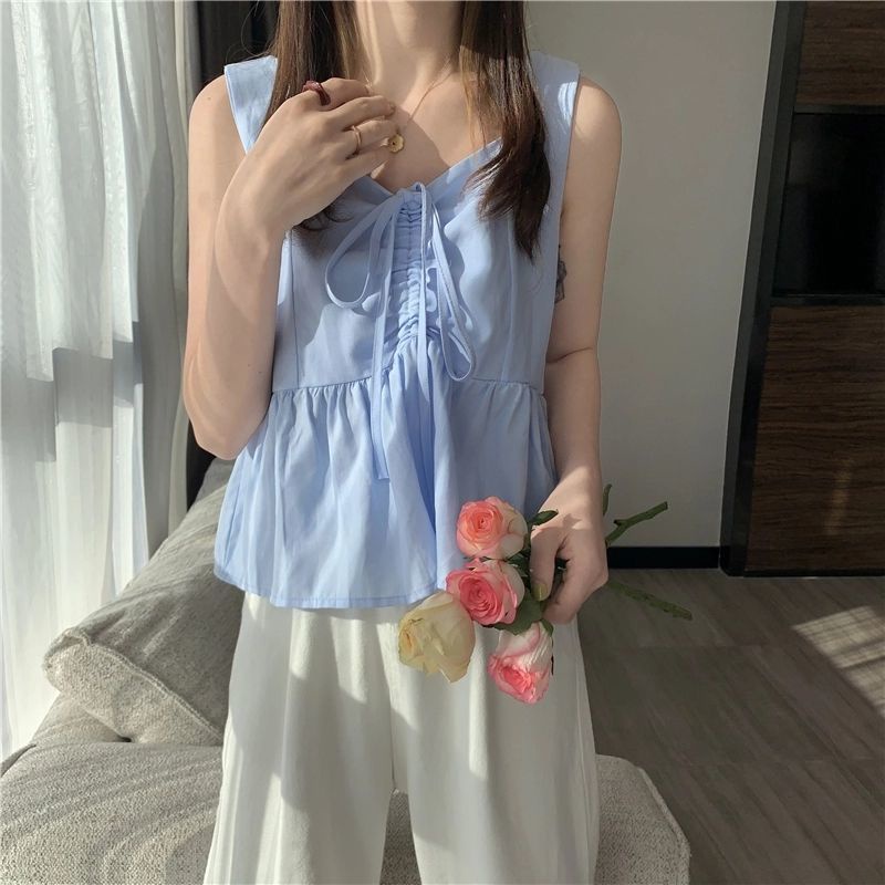 Jiashucheng Áo Hai Dây Phối Bèo Xếp Ly Phong Cách Hàn Quốc Phương Tây Thời Trang Mùa Hè