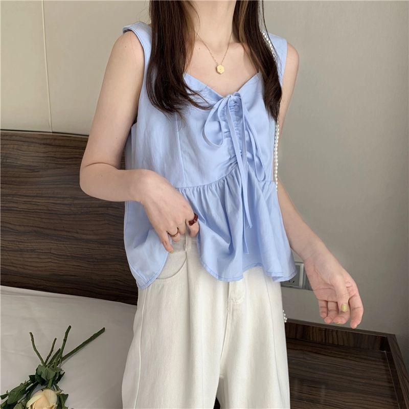 Jiashucheng Áo Hai Dây Phối Bèo Xếp Ly Phong Cách Hàn Quốc Phương Tây Thời Trang Mùa Hè
