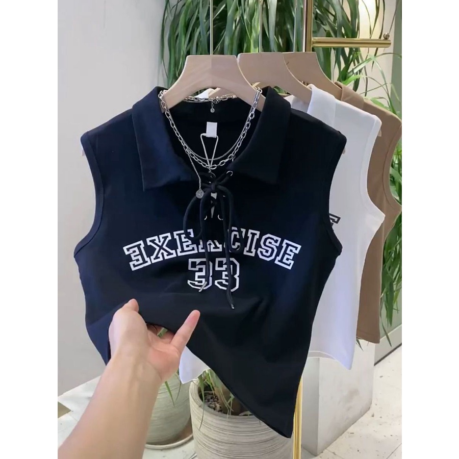 Jiashucheng Áo Thun polo Sát Nách Dáng Ngắn Màu Trơn Kiểu Retro Mỹ Thời Trang Mùa Hè Quyến Rũ Cho Nữ