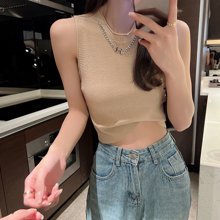 Jiashucheng Áo Lụa Lạnh Ngắn Ôm Dáng Không Tay Phong Cách Hàn Quốc Mặc Trong Mùa Hè Mới Cho Nữ