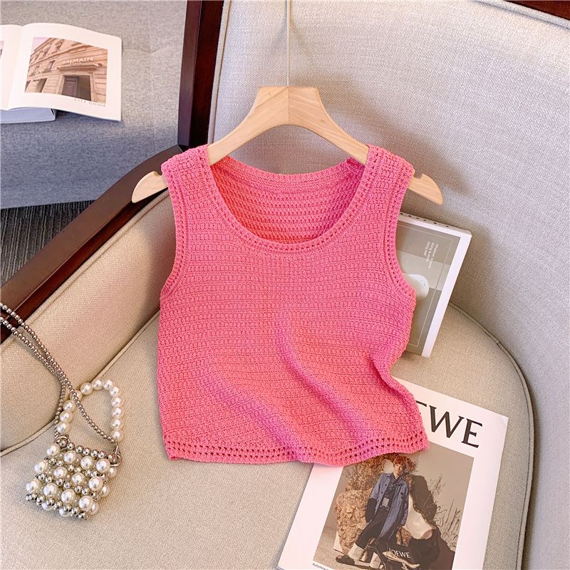 Jiashucheng Áo Hai Dây Dệt Kim Dáng Rộng Khoét Lỗ Màu Xanh Lá Phong Cách Pháp Thời Trang Mùa Hè Hàng Mới Dành