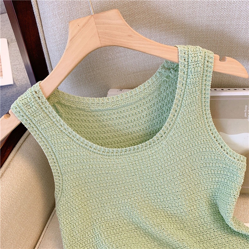 Jiashucheng Áo Hai Dây Dệt Kim Dáng Rộng Khoét Lỗ Màu Xanh Lá Phong Cách Pháp Thời Trang Mùa Hè Hàng Mới Dành