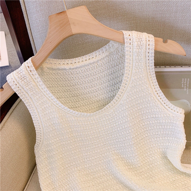 Jiashucheng Áo Hai Dây Dệt Kim Dáng Rộng Khoét Lỗ Màu Xanh Lá Phong Cách Pháp Thời Trang Mùa Hè Hàng Mới Dành