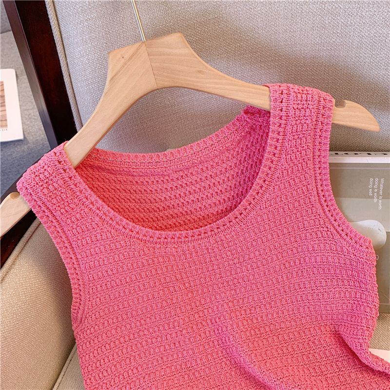 Jiashucheng Áo Hai Dây Dệt Kim Dáng Rộng Khoét Lỗ Màu Xanh Lá Phong Cách Pháp Thời Trang Mùa Hè Hàng Mới Dành