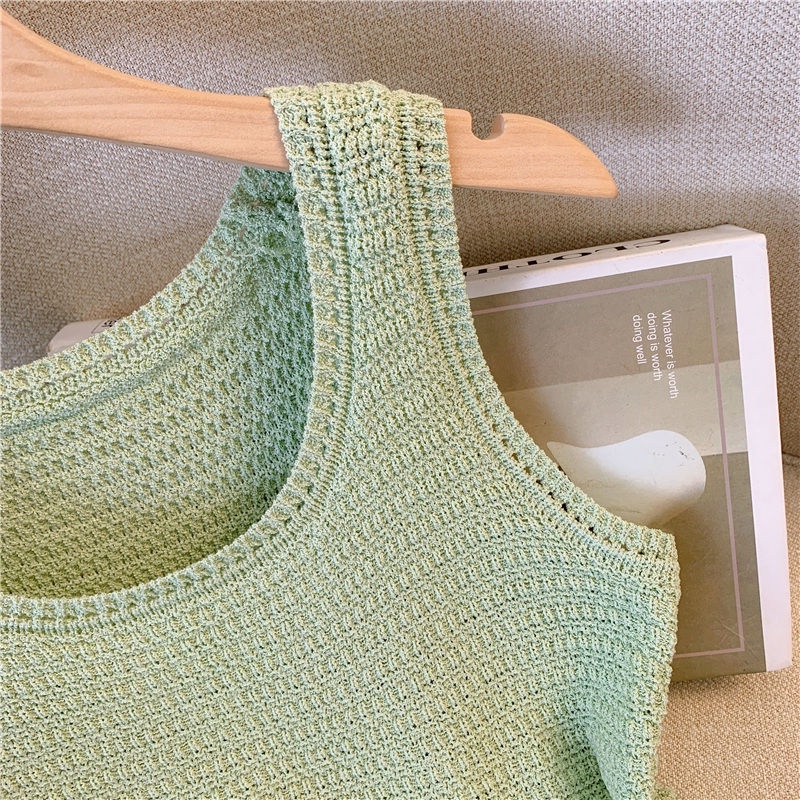 Jiashucheng Áo Hai Dây Dệt Kim Dáng Rộng Khoét Lỗ Màu Xanh Lá Phong Cách Pháp Thời Trang Mùa Hè Hàng Mới Dành