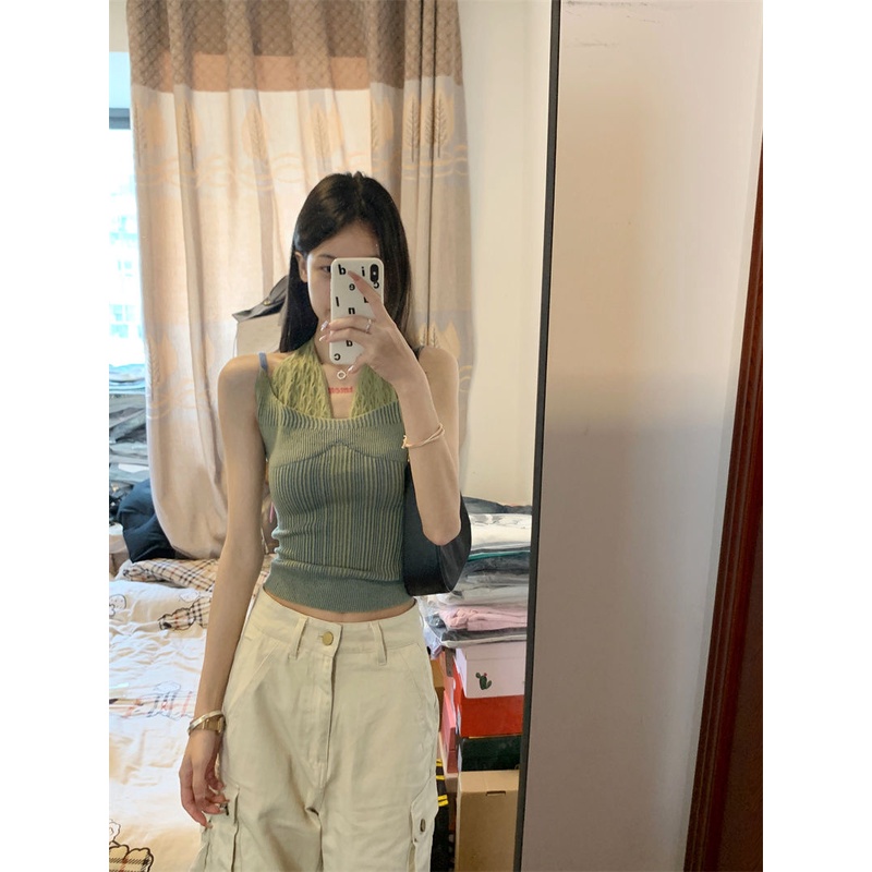 Jiashucheng Áo Dệt Kim Giả Hai Mảnh Dáng Ôm Ngắn Phong Cách Mới Thời Trang Mùa Hè Dành Cho Bạn Nữ Mặc Ngoài Trời