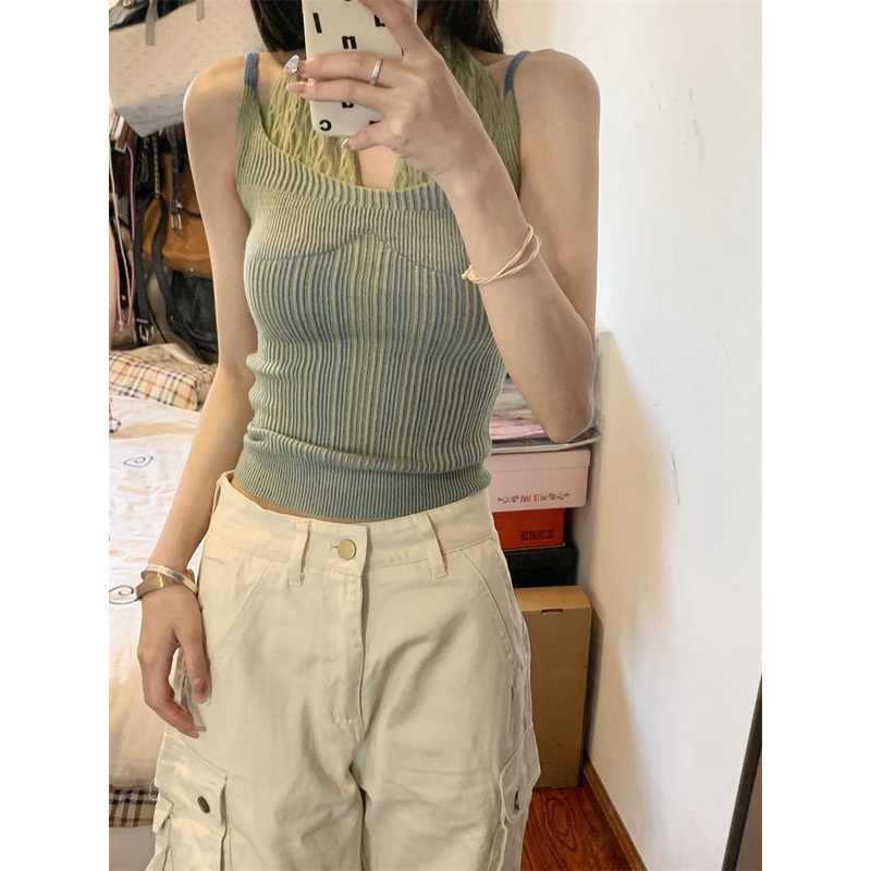 Jiashucheng Áo Dệt Kim Giả Hai Mảnh Dáng Ôm Ngắn Phong Cách Mới Thời Trang Mùa Hè Dành Cho Bạn Nữ Mặc Ngoài Trời