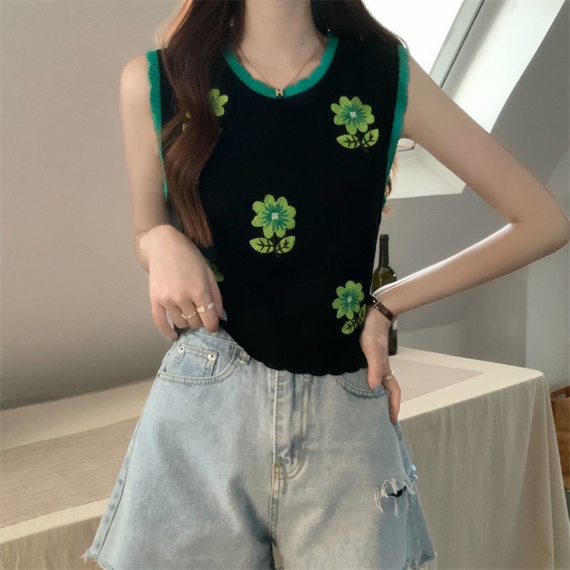 Jiashucheng Áo Dệt Kim Không Tay Thêu Hoa Thời Trang Mùa Hè Dễ Phối Đồ Thiết Kế Sang Trọng Ngọt Ngào