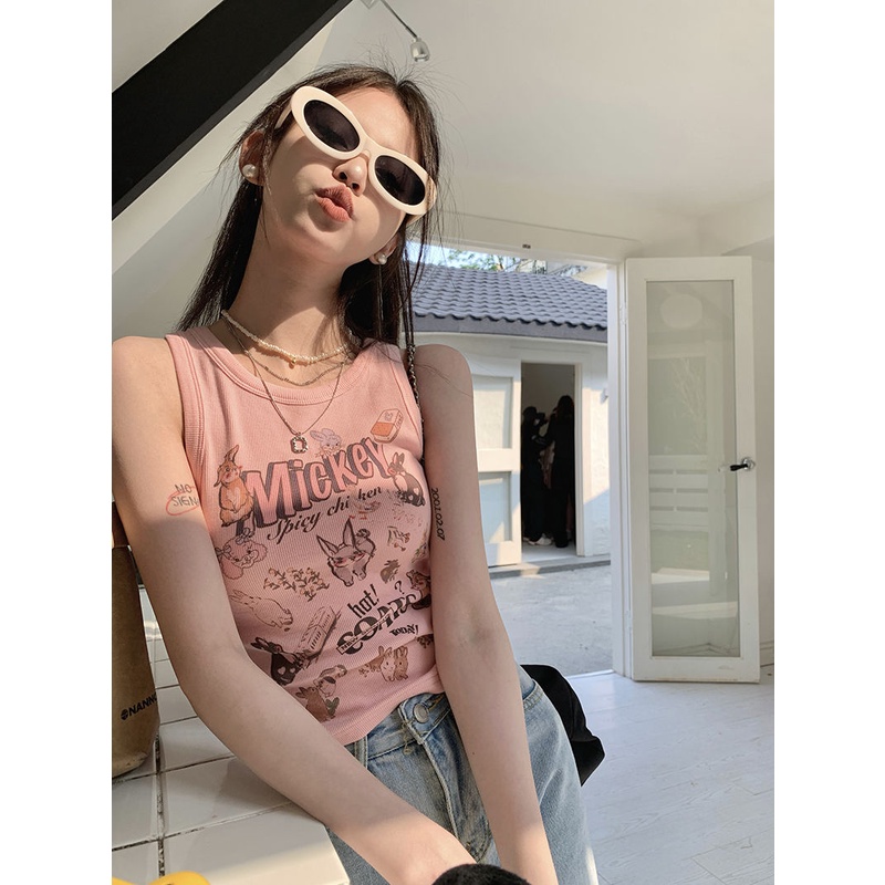 Jiashucheng Áo Hai Dây Dáng Ngắn Ôm Sát In Họa Tiết Hoạt Hình Kiểu Hàn Quốc Thời Trang Mùa Hè Cho Bạn Gái