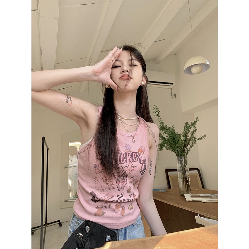 Jiashucheng Áo Hai Dây Dáng Ngắn Ôm Sát In Họa Tiết Hoạt Hình Kiểu Hàn Quốc Thời Trang Mùa Hè Cho Bạn Gái