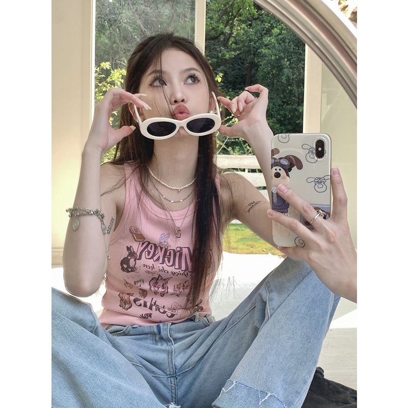 Jiashucheng Áo Hai Dây Dáng Ngắn Ôm Sát In Họa Tiết Hoạt Hình Kiểu Hàn Quốc Thời Trang Mùa Hè Cho Bạn Gái