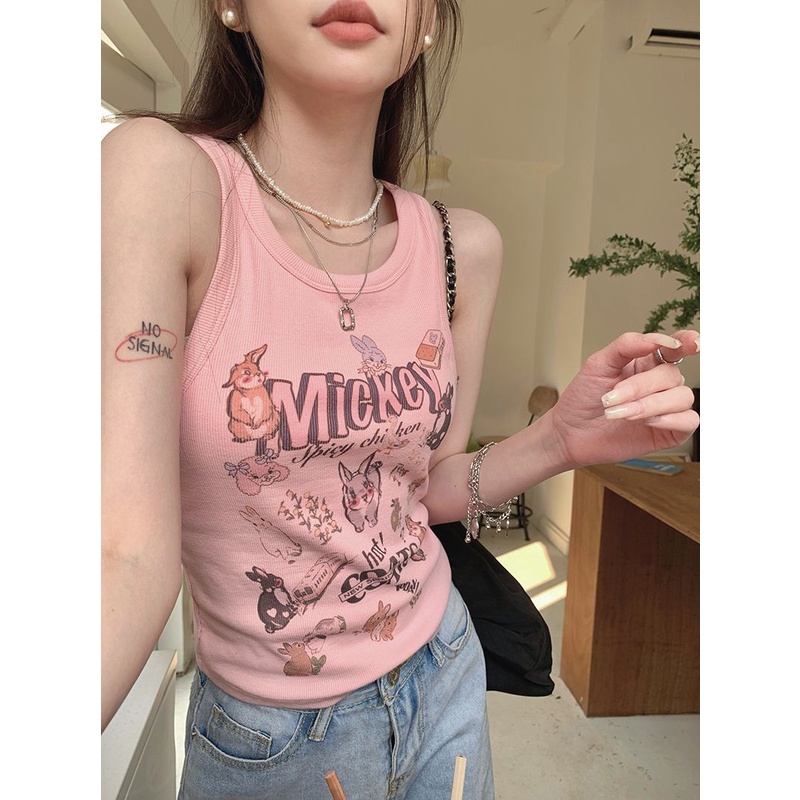 Jiashucheng Áo Hai Dây Dáng Ngắn Ôm Sát In Họa Tiết Hoạt Hình Kiểu Hàn Quốc Thời Trang Mùa Hè Cho Bạn Gái