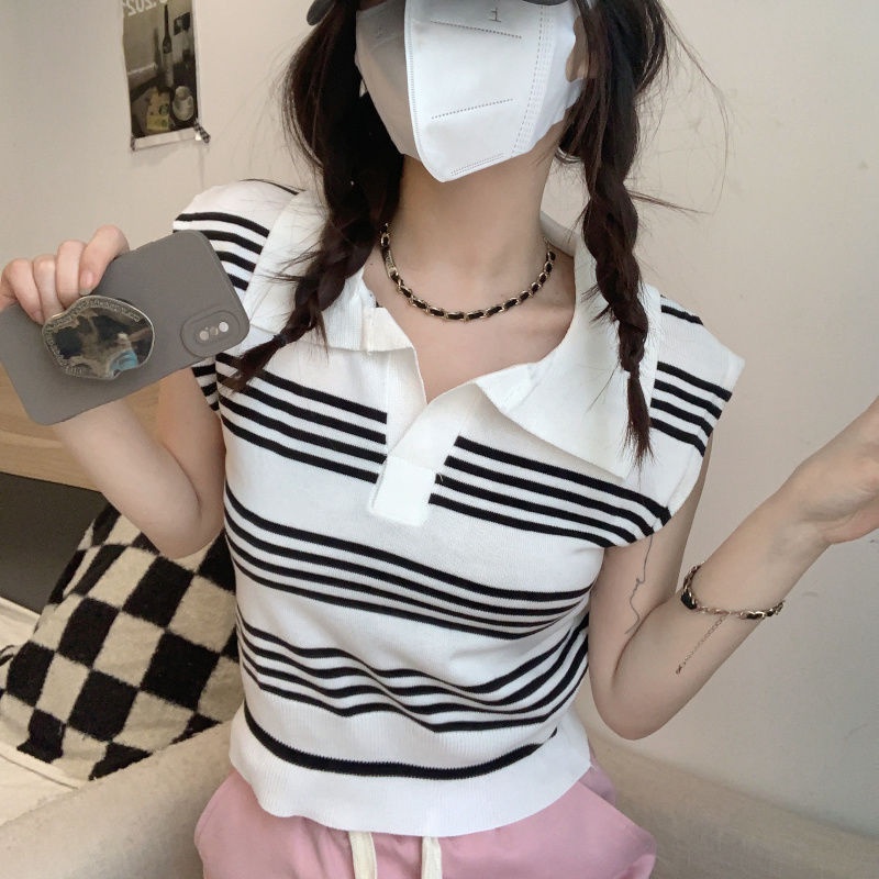 Jiashucheng Áo Thun Polo Dệt Kim Không Tay Kẻ Sọc Màu Tương Phản Phong Cách Retro Mùa Hè Mới Cho Nữ