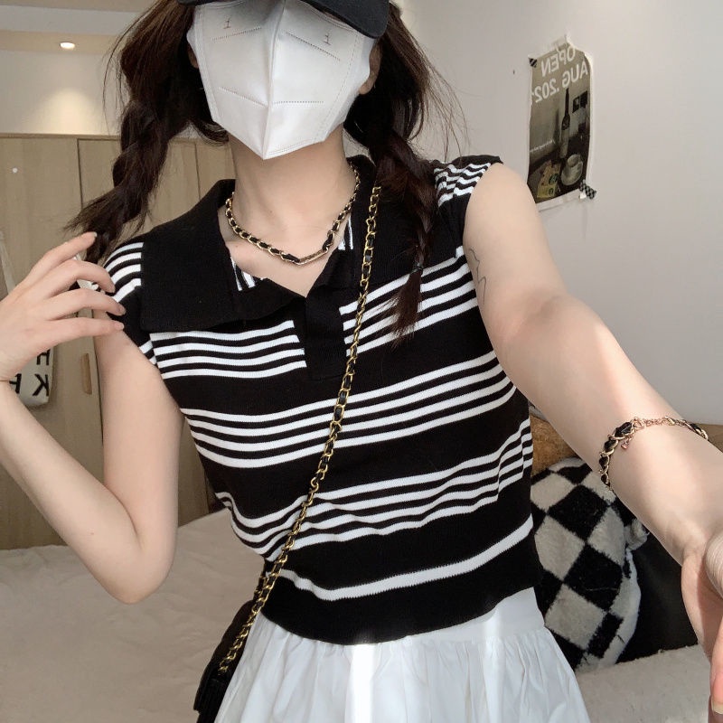 Jiashucheng Áo Thun Polo Dệt Kim Không Tay Kẻ Sọc Màu Tương Phản Phong Cách Retro Mùa Hè Mới Cho Nữ