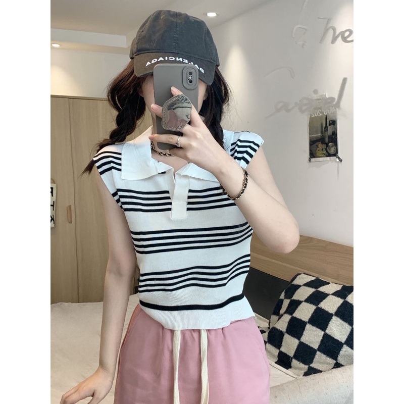 Jiashucheng Áo Thun Polo Dệt Kim Không Tay Kẻ Sọc Màu Tương Phản Phong Cách Retro Mùa Hè Mới Cho Nữ