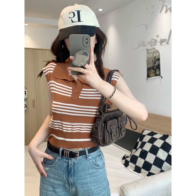 Jiashucheng Áo Thun Polo Dệt Kim Không Tay Kẻ Sọc Màu Tương Phản Phong Cách Retro Mùa Hè Mới Cho Nữ