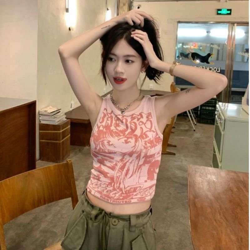 Jiashucheng Áo Hai Dây Dáng Ôm Ngắn In Họa Tiết Retro Mỹ Thời Trang Mùa Hè 2023 Dành Cho Bạn Nữ