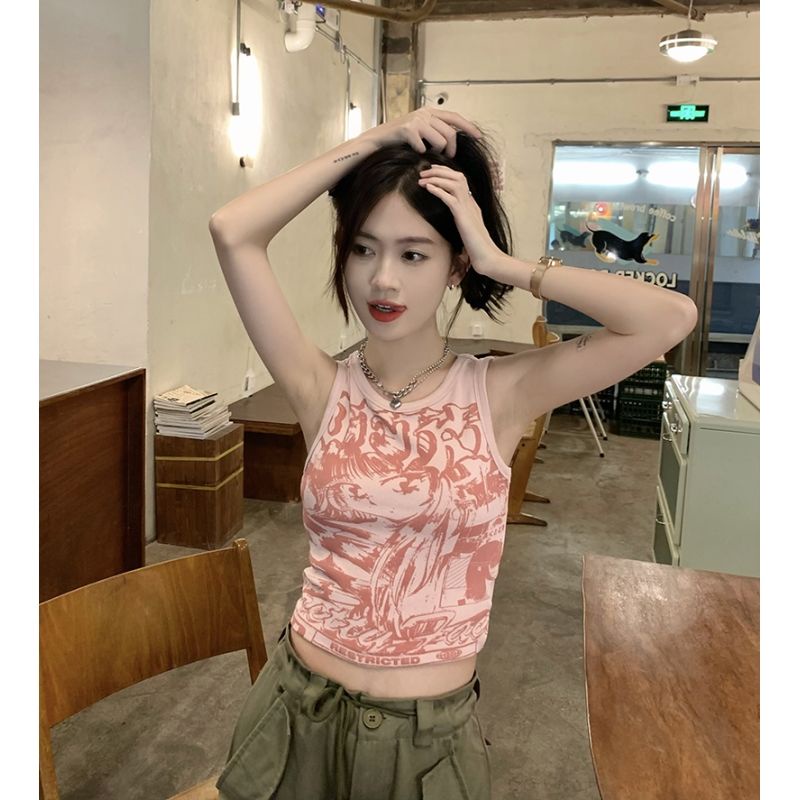 Jiashucheng Áo Hai Dây Dáng Ôm Ngắn In Họa Tiết Retro Mỹ Thời Trang Mùa Hè 2023 Dành Cho Bạn Nữ