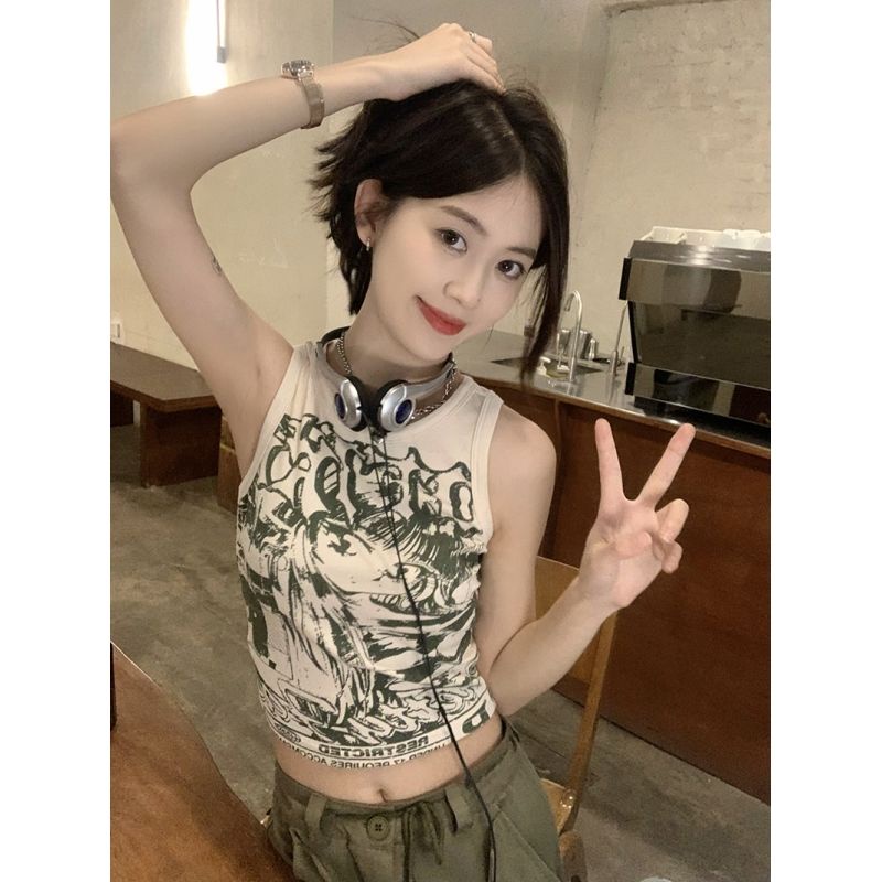 Jiashucheng Áo Hai Dây Dáng Ôm Ngắn In Họa Tiết Retro Mỹ Thời Trang Mùa Hè 2023 Dành Cho Bạn Nữ