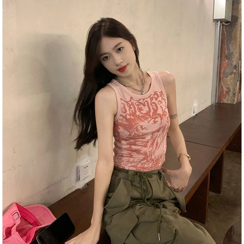 Jiashucheng Áo Hai Dây Dáng Ôm Ngắn In Họa Tiết Retro Mỹ Thời Trang Mùa Hè 2023 Dành Cho Bạn Nữ