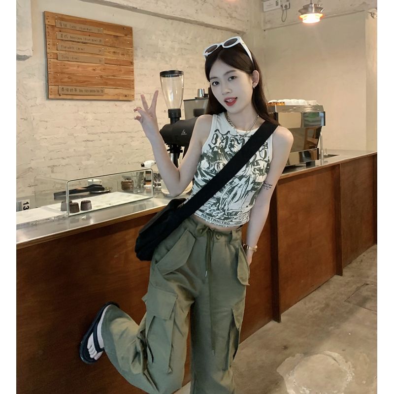 Jiashucheng Áo Hai Dây Dáng Ôm Ngắn In Họa Tiết Retro Mỹ Thời Trang Mùa Hè 2023 Dành Cho Bạn Nữ