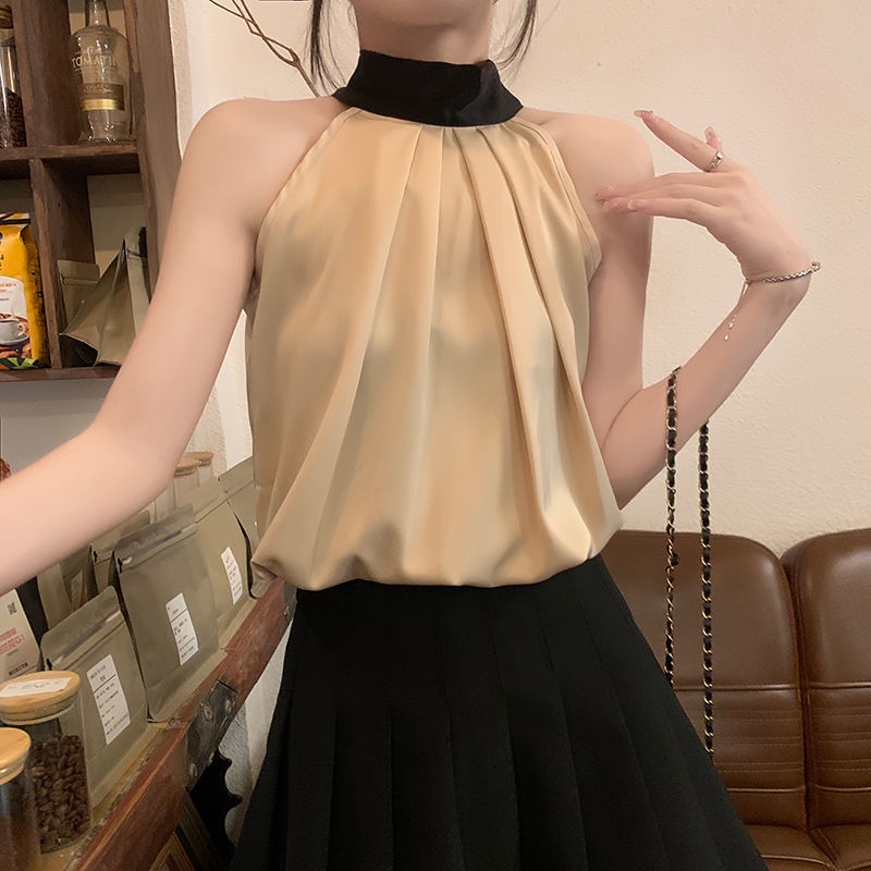 Jiashucheng Áo Sơ Mi Cổ Yếm Không Tay Cao Cấp Quyến Rũ Phong Cách Pháp Thời Trang Mùa Hè Sang Trọng Tinh Khiết Desire