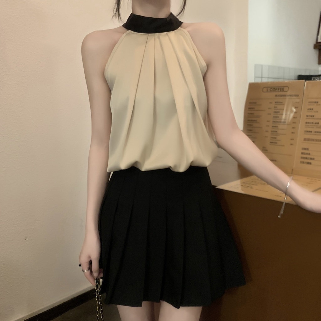 Jiashucheng Áo Sơ Mi Cổ Yếm Không Tay Cao Cấp Quyến Rũ Phong Cách Pháp Thời Trang Mùa Hè Sang Trọng Tinh Khiết Desire