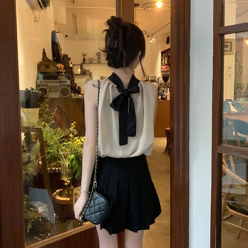 Jiashucheng Áo Sơ Mi Cổ Yếm Không Tay Cao Cấp Quyến Rũ Phong Cách Pháp Thời Trang Mùa Hè Sang Trọng Tinh Khiết Desire