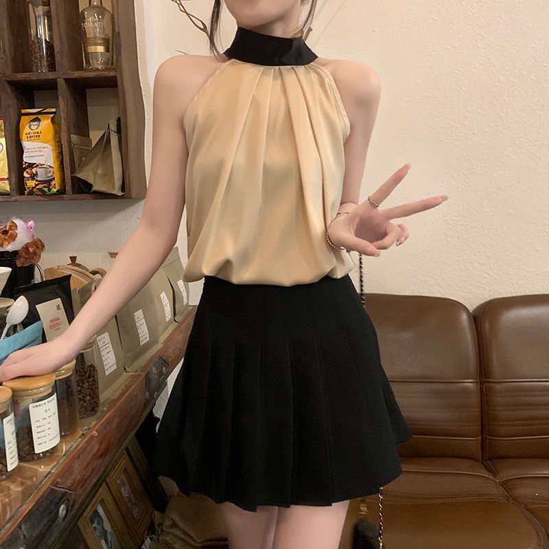 Jiashucheng Áo Sơ Mi Cổ Yếm Không Tay Cao Cấp Quyến Rũ Phong Cách Pháp Thời Trang Mùa Hè Sang Trọng Tinh Khiết Desire