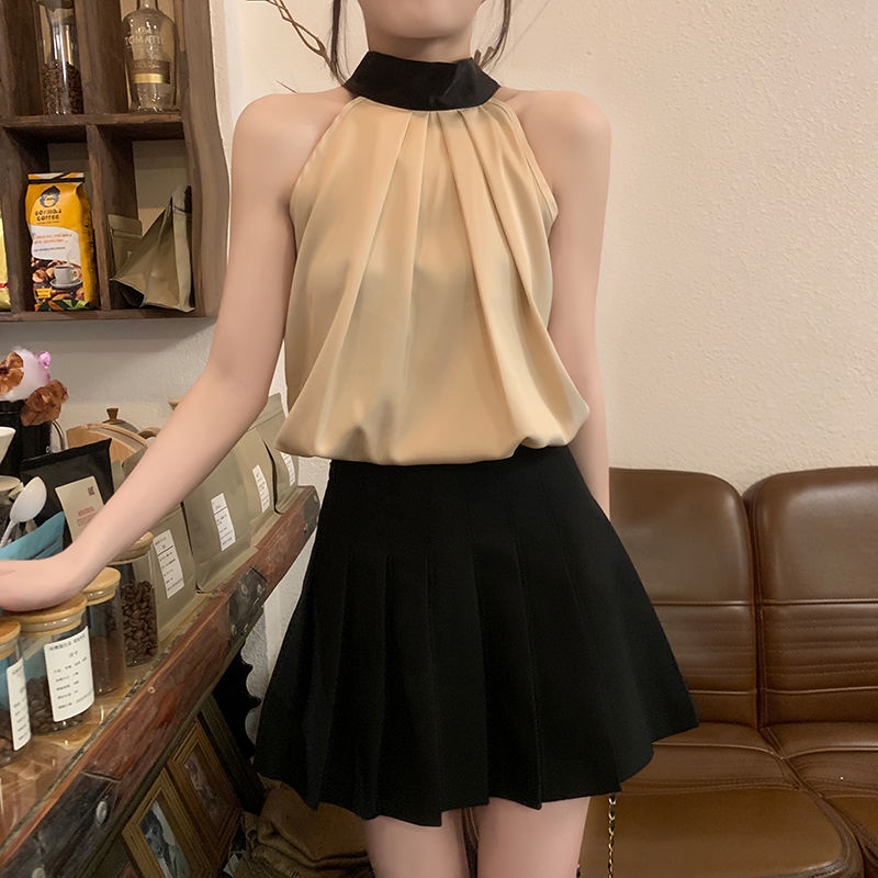 Jiashucheng Áo Sơ Mi Cổ Yếm Không Tay Cao Cấp Quyến Rũ Phong Cách Pháp Thời Trang Mùa Hè Sang Trọng Tinh Khiết Desire