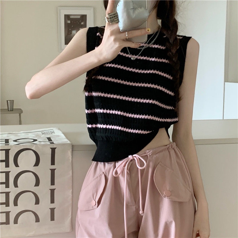 Jiashucheng Áo Dệt Kim Ngắn Sát Nách Kẻ Sọc Thời Trang Mùa Hè Pháp Cho Nữ