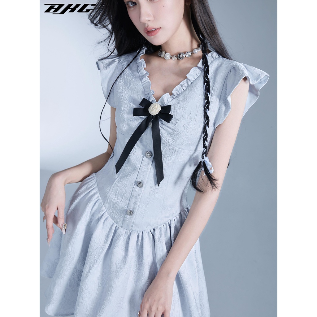 Đầm jacquard BJHG WAVW tay bay nhỏ họa tiết chấm bi tươi tắn mùa hè 2023