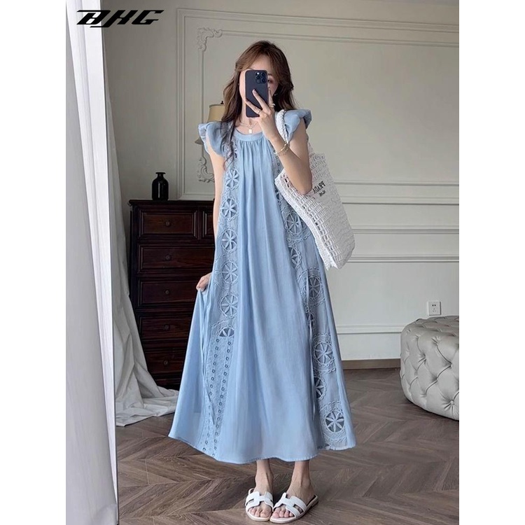 Đầm BJHG WAVW tay cánh tiên thêu họa tiết phong cách pháp cổ điển thanh lịch dành cho nữ