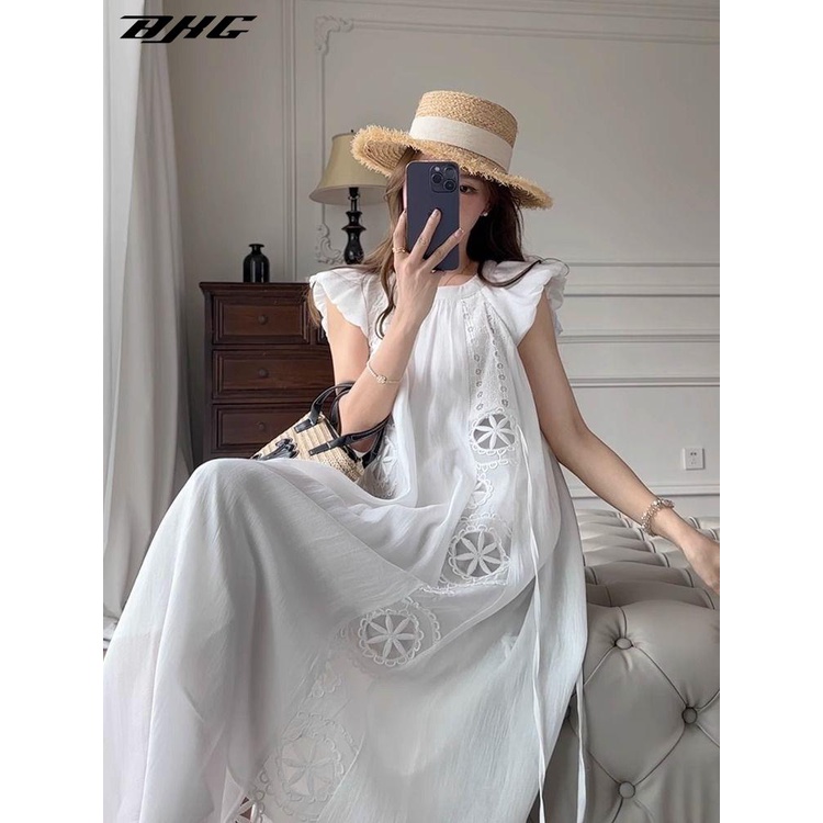 Đầm BJHG WAVW tay cánh tiên thêu họa tiết phong cách pháp cổ điển thanh lịch dành cho nữ