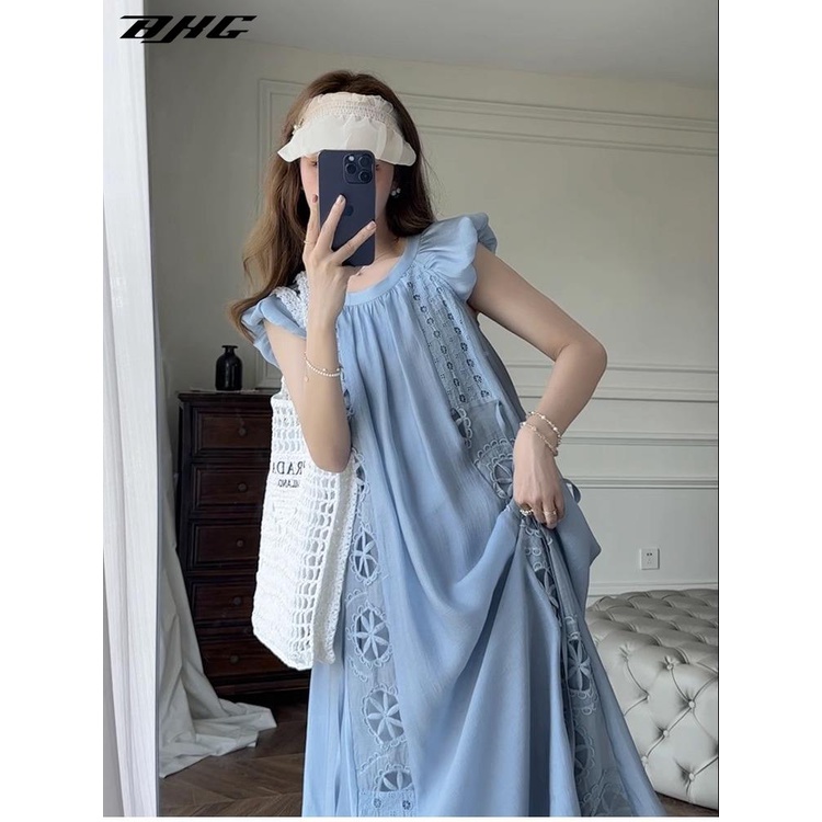 Đầm BJHG WAVW tay cánh tiên thêu họa tiết phong cách pháp cổ điển thanh lịch dành cho nữ