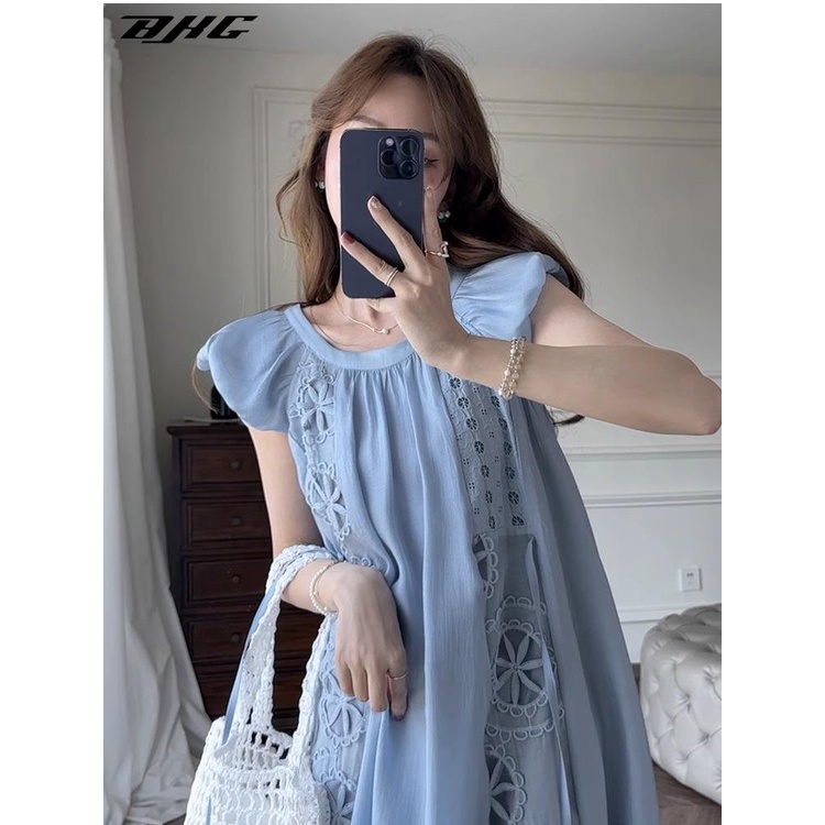 Đầm BJHG WAVW tay cánh tiên thêu họa tiết phong cách pháp cổ điển thanh lịch dành cho nữ