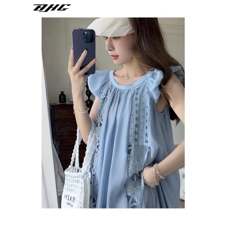 Đầm BJHG WAVW tay cánh tiên thêu họa tiết phong cách pháp cổ điển thanh lịch dành cho nữ