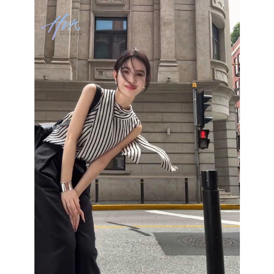 Áo Không Tay Thiết Kế Cao Cấp Họa Tiết Kẻ Sọc Phong Cách Pháp Thời Trang Mùa Hè Hàng Mới Dành Cho Bạn Nữ