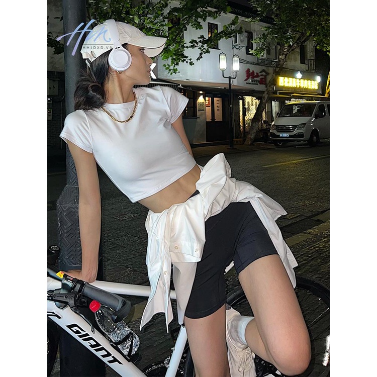 Áo Thun Ngắn Cổ Tròn Dáng Ôm Phong Cách Mỹ Thời Trang Cho Nữ