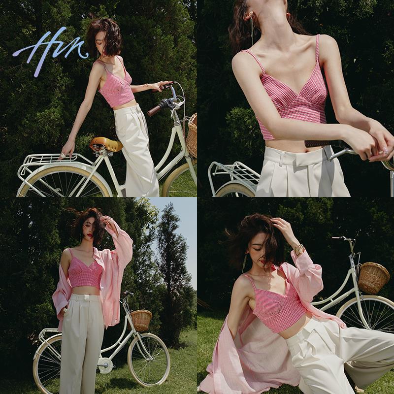 Áo Hai Dây Lưng Cao Họa Tiết Sọc Caro Đỏ Hồng Thời Trang Mùa Hè