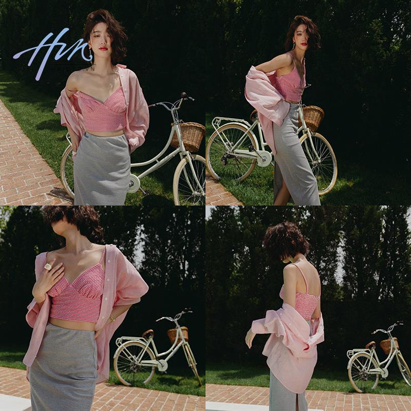 Áo Hai Dây Lưng Cao Họa Tiết Sọc Caro Đỏ Hồng Thời Trang Mùa Hè