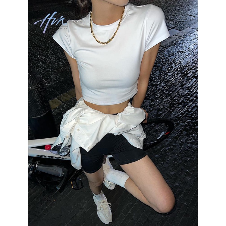 Áo Thun Ngắn Cổ Tròn Dáng Ôm Phong Cách Mỹ Thời Trang Cho Nữ