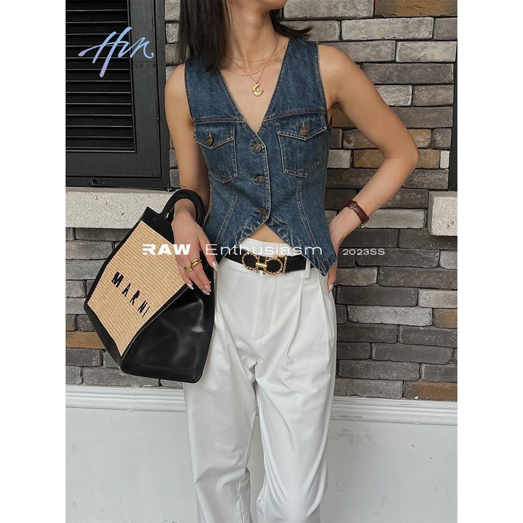 Áo Denim Không Tay Cổ Chữ v Sâu Ôm Dáng Phong Cách Retro Cổ Điển