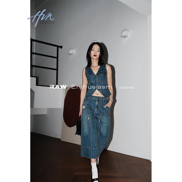 Áo Denim Không Tay Cổ Chữ v Sâu Ôm Dáng Phong Cách Retro Cổ Điển