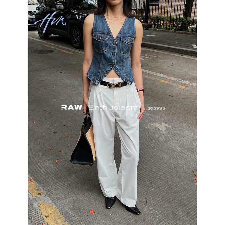 Áo Denim Không Tay Cổ Chữ v Sâu Ôm Dáng Phong Cách Retro Cổ Điển