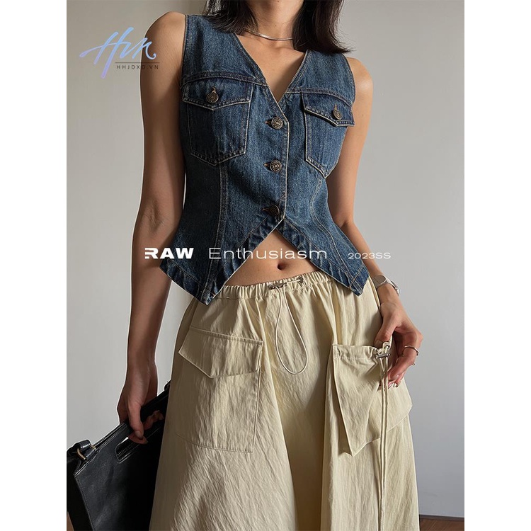 Áo Denim Không Tay Cổ Chữ v Sâu Ôm Dáng Phong Cách Retro Cổ Điển