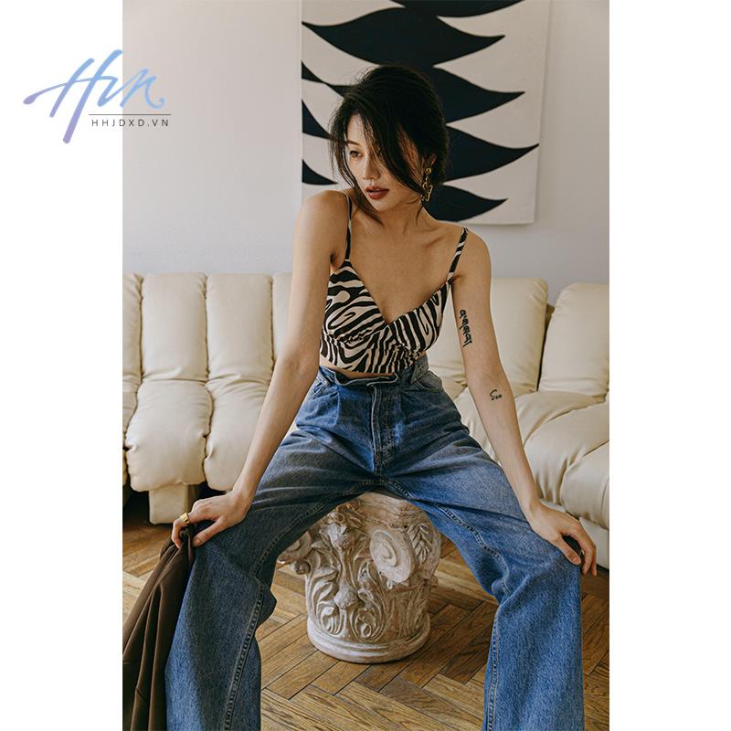 Quần Jean Dài Lưng Cao Ống Rộng Thời Trang Cá Tính Trẻ Trung